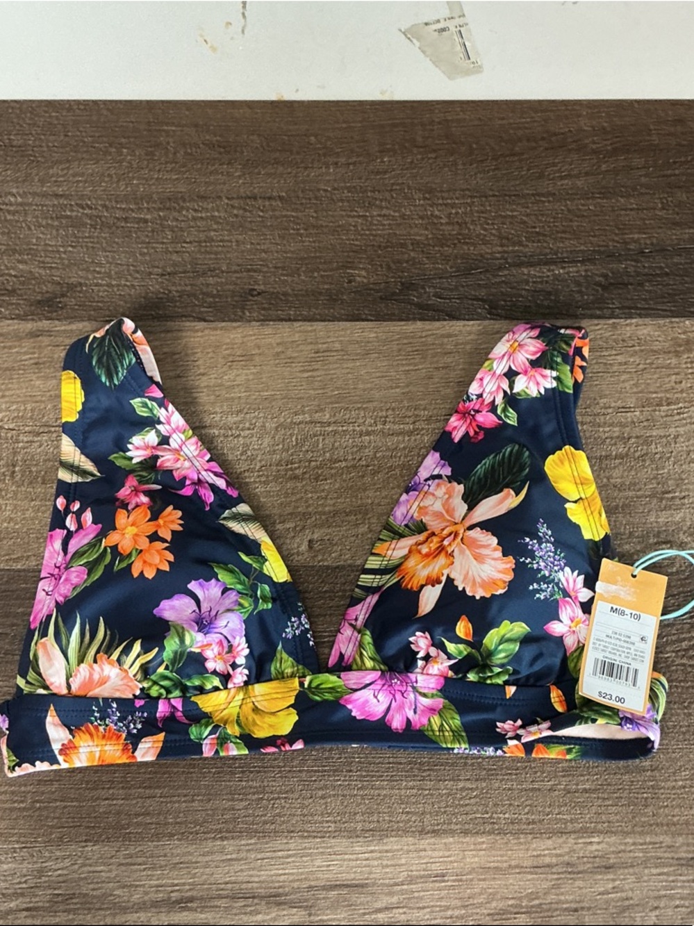 Kona Sol Navy Floral Triangle Bikini Top with Pink, Orange & Yellow Blooms